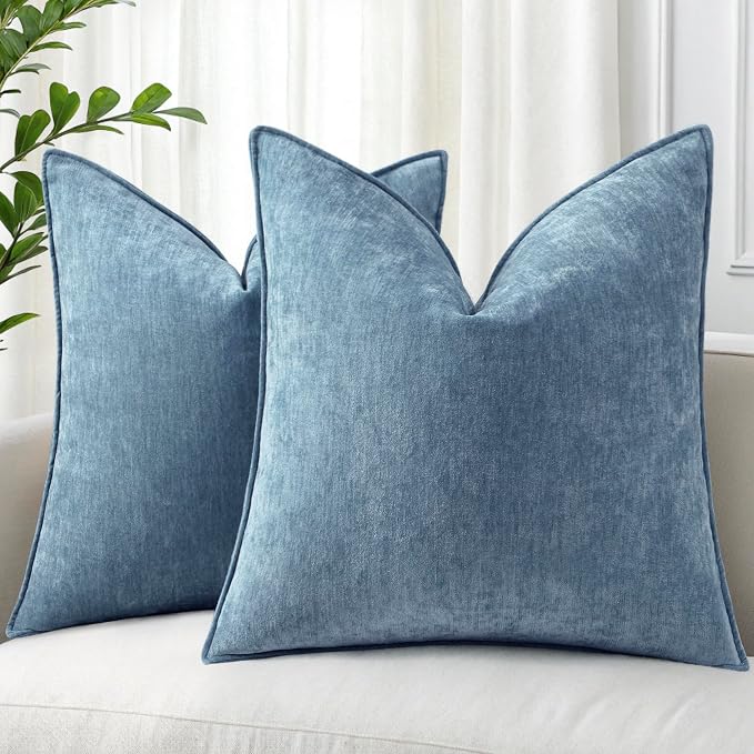 decorUhome Chenille Blue Grey Velvet Throw Pillow Covers 22x22 Set of 2 | Fall Soft Euro Sham Couch Decorative Modern Farmhouse Pillow Cases with Elegant Design for Sofa Bed Living Room Home Decor