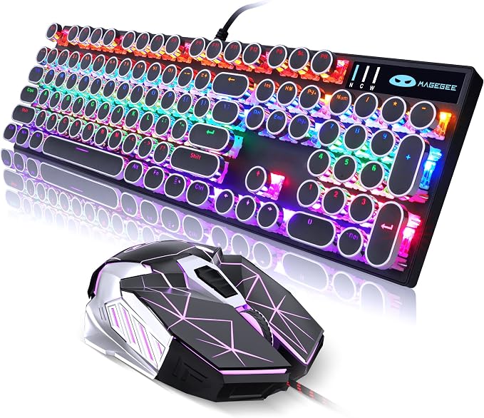 Retro Typewriter Keyboard and Mouse Combo, Cute Black Keyboard with Linear Red Switches, Full Size Wired Mechanical Gaming Keyboard, Cool Light Up Keyboard and Mouse for Gaming,Work,Mac,PC,Windows