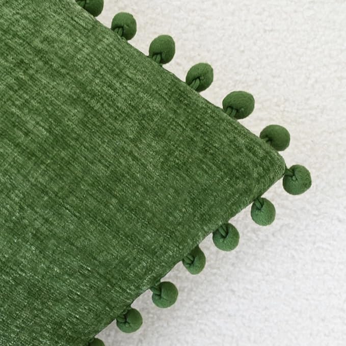 CaliTime Decorative Couch Throw Pillow Covers 22 X 22 Inches Forest Green | Pack of 2, Cozy Chenille Cushion Cases, with Pom Poms for Sofa Bed Living Room Farmhouse Home