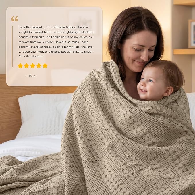 PHF 100% Cotton Waffle Weave Throw Blanket, Lightweight Breathable Summer Blanket for Couch Sofa, Pre-Washed Soft Throws for Bed, Office, Travel & Stylish Home Decor, 50"x60", Taupe