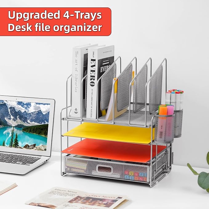 Marbrasse Desk Organizers, 4-Tier Mesh Desk File Organizer with 5 Vertical File Holders and 2 Pen Holders, Multifunction Desktop Organizer,Desk Organizers and Accessories for Home Office (Silver)