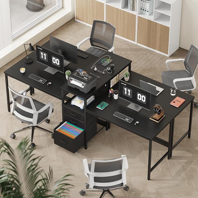 GYIIYUO 93'' Two Person Desk with Charging Station, Long Desk with 3 Drawer | Double Computer Desk with Printer Shelf, 2 Person Writing Study Table Workstation for Home Office, Black