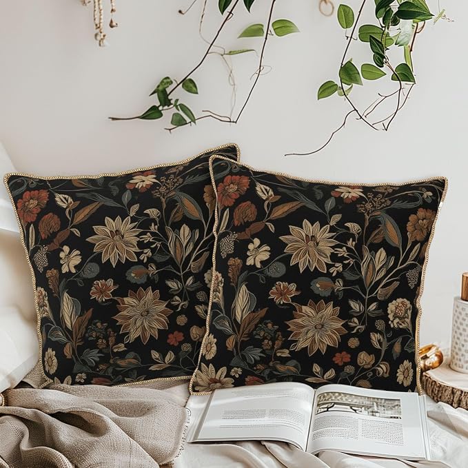 Black Boho Vintage Flowers Velvet Pillow Covers 18x18 Inch Retro Art Brown Floral Throw Pillows for Couch Cushion Covers Pillowcase Farmhouse Bohemian Pillow Cases for Sofa Bed Bedroom