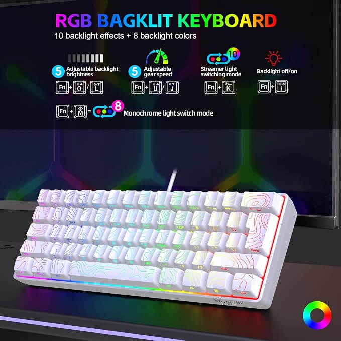 Snpurdiri 60% Wired Gaming Keyboard, 61 Keys RGB Contour Line (White) | Backlit Ultra-Compact Small Gaming Keyboard for PC/Mac Gamer, Typist, Travel, Easy to Carry on Business Trip