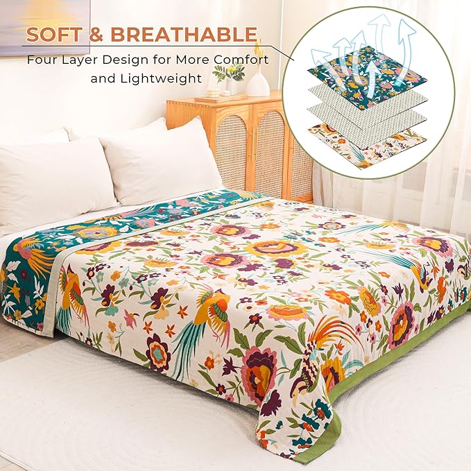 Boho Throw Blanket for Bed Couch 100% Cotton Ultra Soft Large Rustic Quilt t Queen Blanket,Bird Floral Printed Farmhouse Bed Blankets 80"×90", Decorative Reversible Muslin Bed Cover for All Seasons