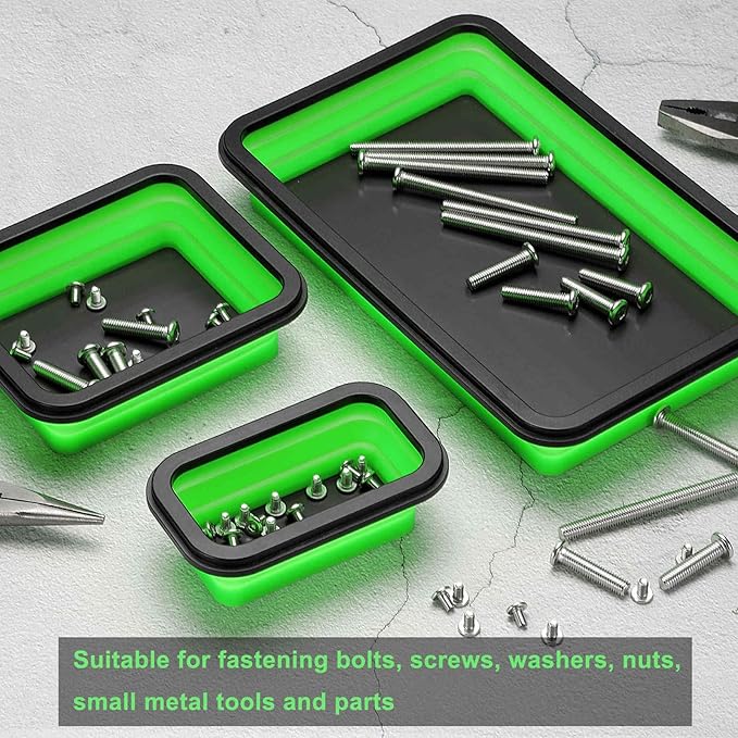HARFINGTON 3pcs Collapsible Magnetic Parts Tray Set 3 Different Size Foldable Small Metal Parts Tool Tray Rectangle Silicone Bowls for Fixing Screw Bolts Nuts Washers Pins, Red