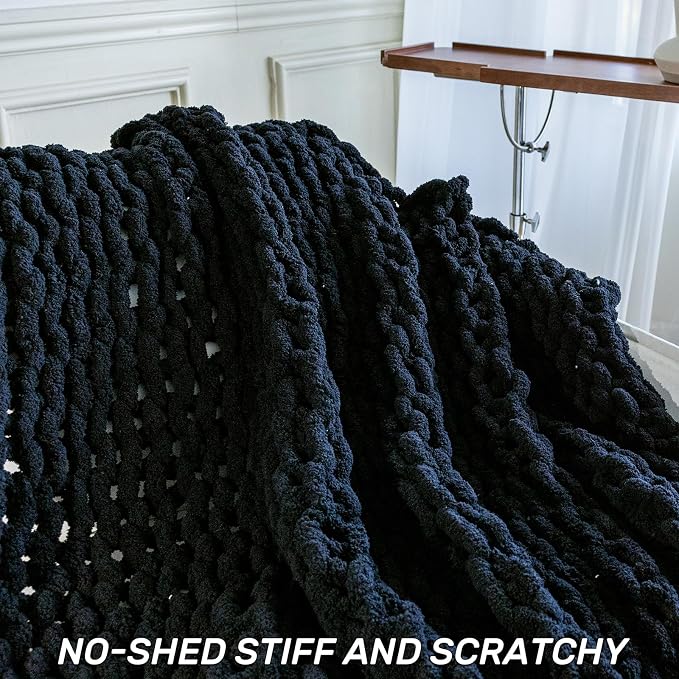 Chunky Knit Blanket - Luxury Soft Cozy 50 * 60 Throw Blanket,100% Woven Blanket Rope Knot Throw Blanket for Couch, Sofa, Home Decor, Gift - Machine Washable（Black）