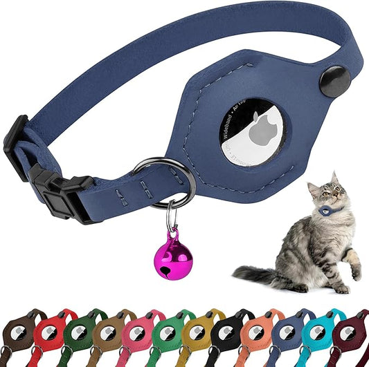 Breakaway Airtag Cat Collar with Removable Bell - Leather Soft Pet Collar with Apple Air Tag Holder - Adjustable GPS Collars for Girl Boy Cats Kitten Puppy - Lightweight, Cute and Comfortable (Blue)