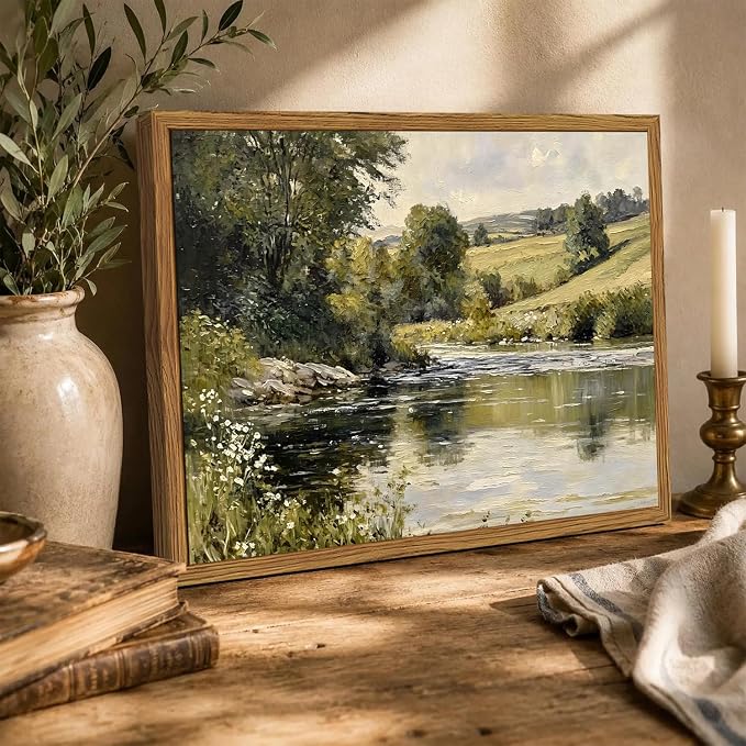 Framed Vintage Landscape Wall Art, Country Nature River Pictures Wall Decor, Rustic Field Paintings Canvas Prints Farmhouse Home Decor Aesthetic for Living Room Bedroom Bathroom 12x16 inch