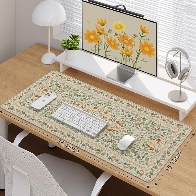 iCasso Desk Mat for Keyboard and Mouse, Large Mouse Pad, 35.4x15.7in,Beige | Back to School Desk Pad Mat, Anti-Slip Big Mousepad with Stitched Edges for Computer Desktop,Smooth Water-Resistant