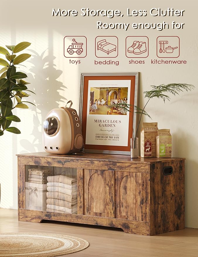 Storage Chest, Wooden Toy Box, Rustic Brown 50.0" L | Extra Large Storage Bench, 2 Soft-close Hinges, Finger-safe Flip-Top Lid, Easy Assembly, Farmhouse Trunk, Living Room/Bedroom