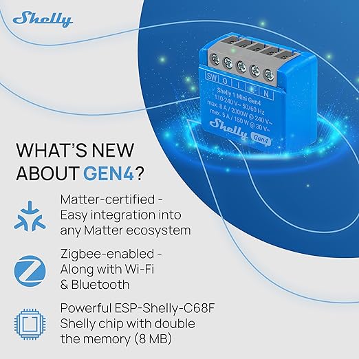 Shelly 1 Mini Gen4 | Wi-Fi, Zigbee & Matter Smart Relay Switch with Dry Contacts, 1-Channel 8A | Home Automation | Alexa, SmartThings, Google Home, Apple HomeKit Compatible | Garage Door Opener