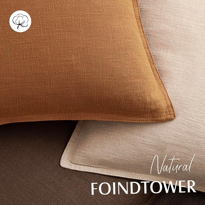 Foindtower Set of 2, Decorative Linen Solid Throw Pillow Covers Soft Accent Cushion Euro Case Boho Farmhouse Pillowcase for Chair Couch Sofa Bedroom Living Room Home Decor 24 x 24 Inch Autumn Orange