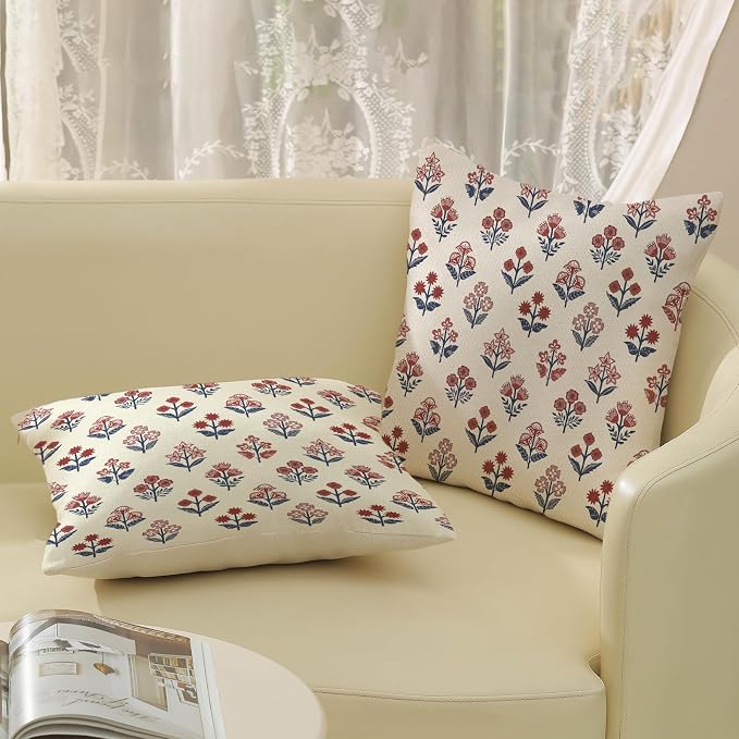 Red Blue Pillow Covers 16x16 Inch Set of 2 Patriotic 4th of July Throw Pillows Vintage Flower Boho Block Print Floral Decorative Pillow Cases Outdoor Linen Cushion Cover for Couch Sofa Decor