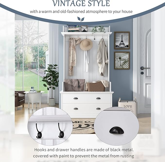 Retro 38.5" Wide Hallway Hall Tree with Coat Rack and 2 Large Drawers,Bench,5 Metal Hooks and Metal Handles,For Entrance Furniture Use (White#c)