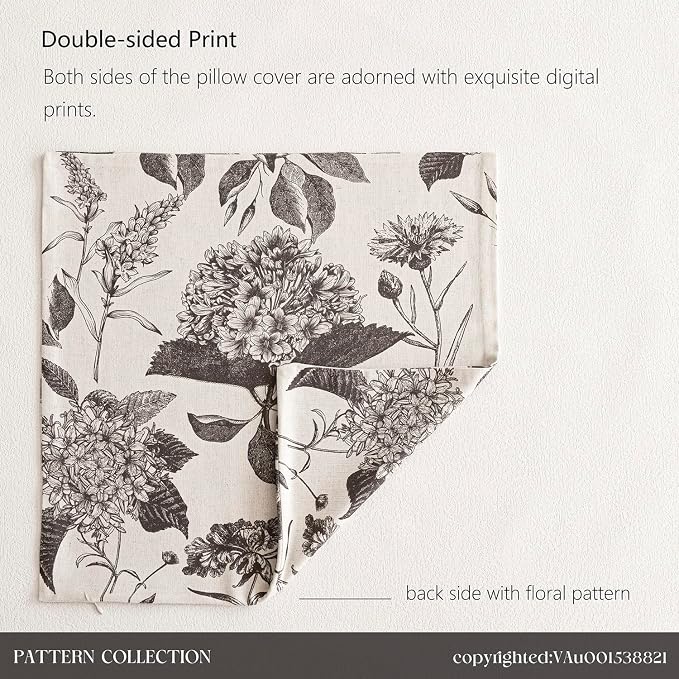 Foindtower Set of 2 Linen Floral Vintage Throw Pillow Covers Neutral Accent Print Decorative Cushion Covers Farmhouse Boho Home Decor for Sofa Chair Couch Bedroom Living Room,18×18 Inch,Black