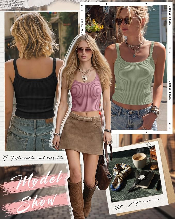 Ficerd 3 Pack Women's Tank Tops 95% Cotton Spaghetti Strap Ribbed Crop Camisole Slim Fitted Basic Summer Sleeveless Layer