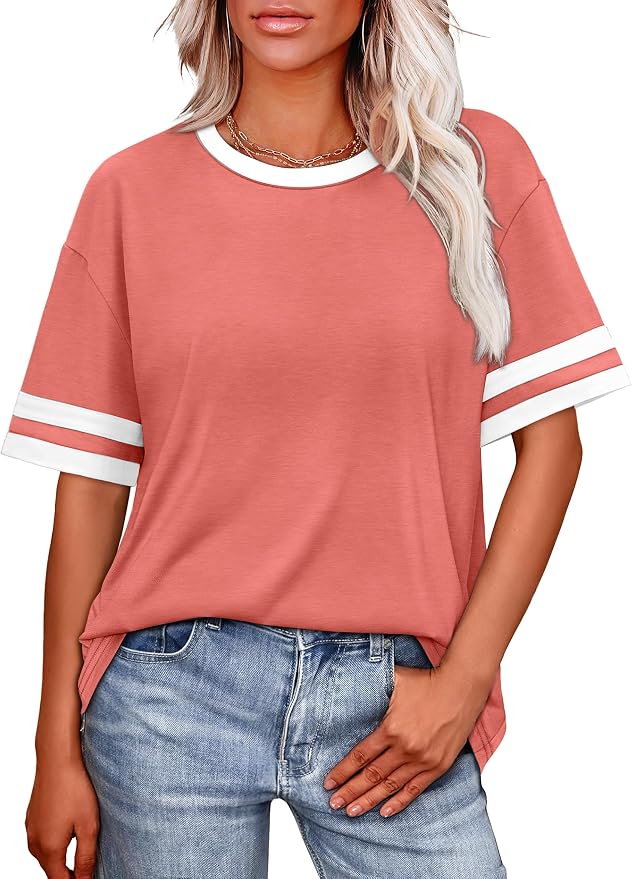 WIHOLL Womens T Shirts Loose Fit Short Sleeve Tees Crew Neck Color Block Summer Tops 2026 Fashion