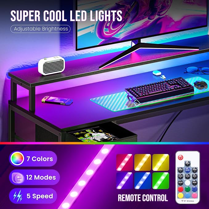 DUMOS 53 Inch Gaming Desk, L Shaped Desk, LED Lights | Monitor Stand, Storage Shelves, Computer Table, USB Charging Ports, Power Outlets, Small Spaces, Black