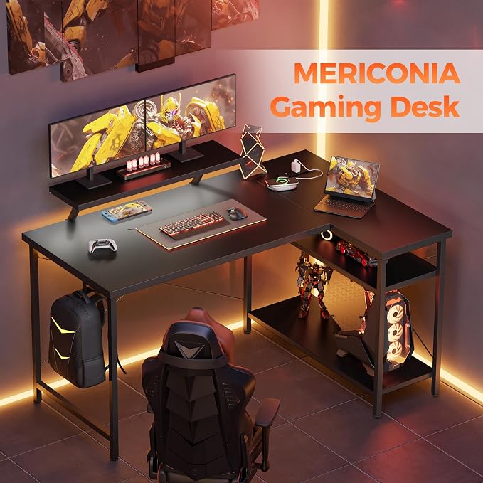 Mericonia 40 in Corner Desk with Monitor Stand, Small L Shaped Gaming Desk | Reversible Computer Desk with Power Outlets, LED Light & Storage Shelves, Office Table for Home Bedroom Study Work Writing