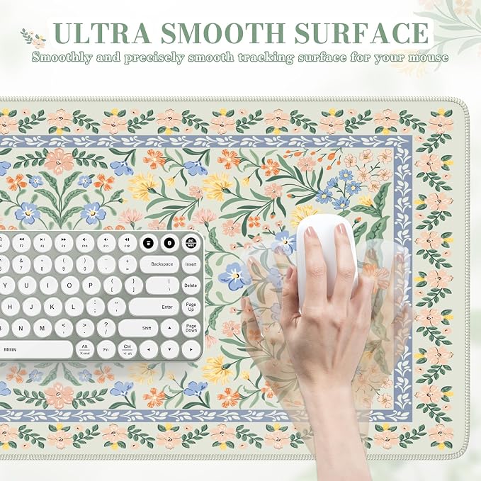 iCasso Desk Mat for Office Decor,35.4 x 15.7 in,Cute Green Floral | Desk Matt for Desktop,Desk Pad Mat for keyboard and mouse,XXL Large Mouse Pad,Anti-Slip keyboard pad with Stitched Edges