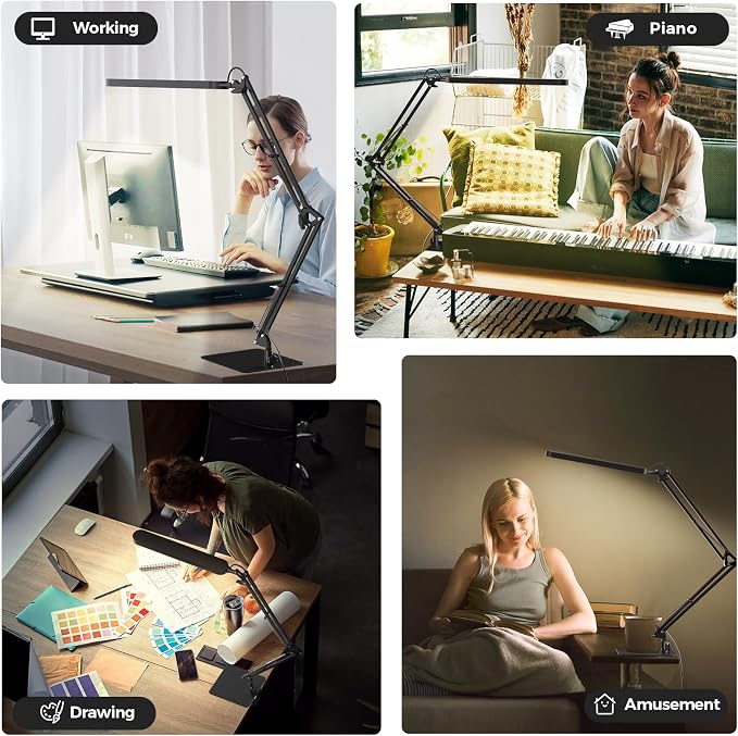 SKYLEO LED Desk Lamp with Slim Base - Adjustable Swing Arm Desk Light, Dimmable, Timer, Eye Protection, Memory Function, 1300LM, 12W, Black
