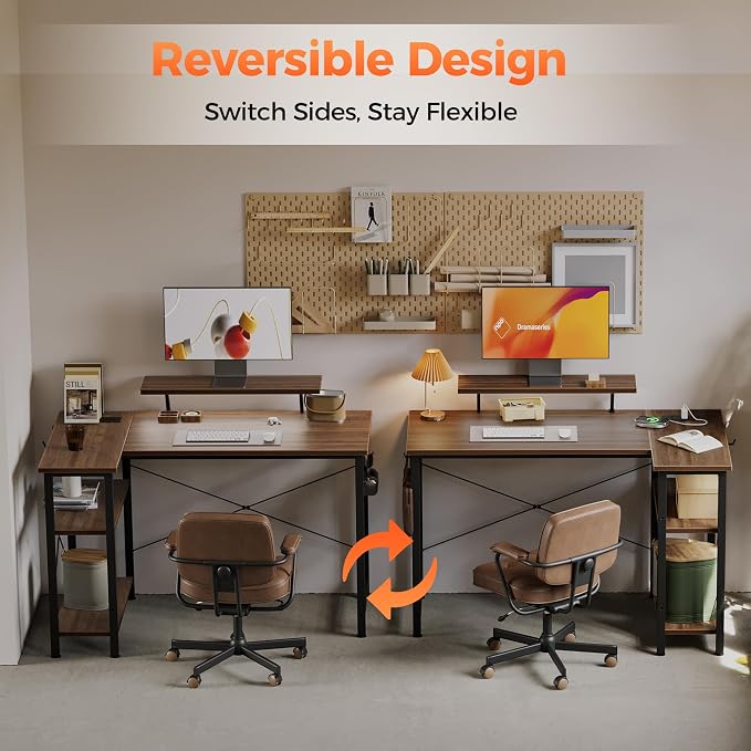 Mericonia 55 in L Shaped Gaming Desk, Large Corner Desk with Monitor Stand | Reversible Computer Desk with Power Outlets, LED Light & Storage Shelves, Office Table for Home Bedroom Study Work Writing