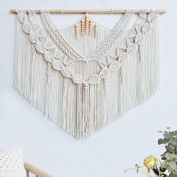 Achart Macrame Wall Hanging Large- Boho Wall Decor- large wall art- Wall Decor Living Room- Macrame Tapestry Boho Decor for Bedroom (Leaf &Wood Bead)
