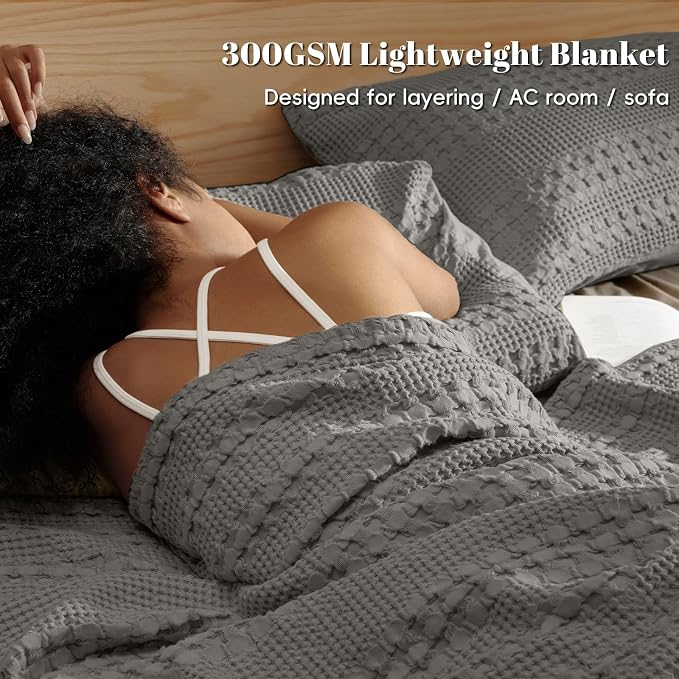 PHF 100% Cotton Waffle Weave Blanket Queen Size, Lightweight Breathable Summer Blanket for Hot Sleepers, Pre-Washed Soft Layer for Bed, Couch, Aesthetic Home Decor & Gift, 90"x90", Dark Grey