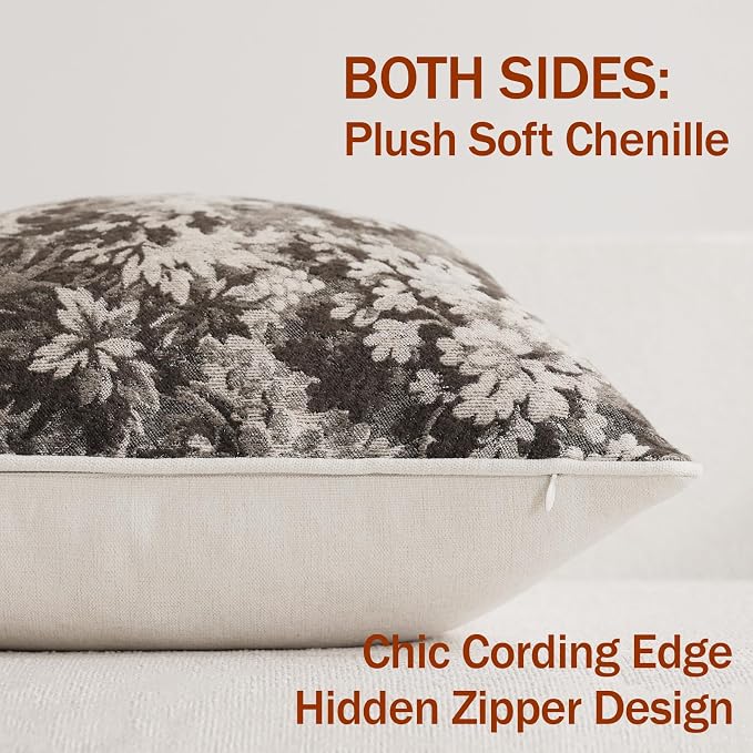 Pack of 2 Vintage Floral Euro Sham Covers 26x26 Boho Farmhouse Accents Chenille Square Decorative Throw Pillow Cases for Living Room Couch Bed Home Decor, Grey