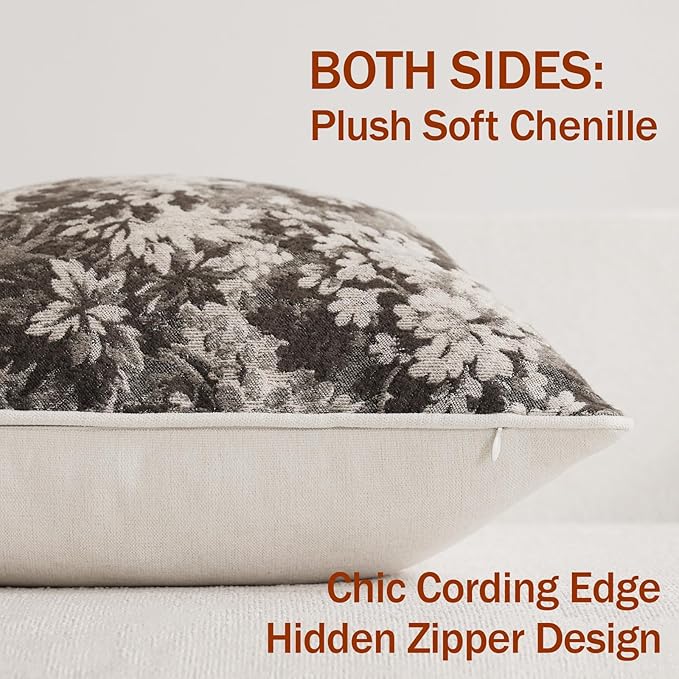 Pack of 2 Vintage Floral Throw Pillow Covers 22x22 Boho Farmhouse Accents Chenille Square Decorative Pillow Cases for Living Room Couch Bed Home Decor, Grey
