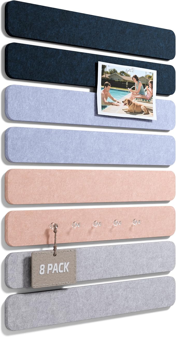 Fluxynara 13" x 2" Felt Wall Panels, Nordic Moonlight | 8-Pack Includes 50 Push Pins and Adhesive Tabs for Photos, Notes and Decor in Bedroom Doors, Home Office or Studios