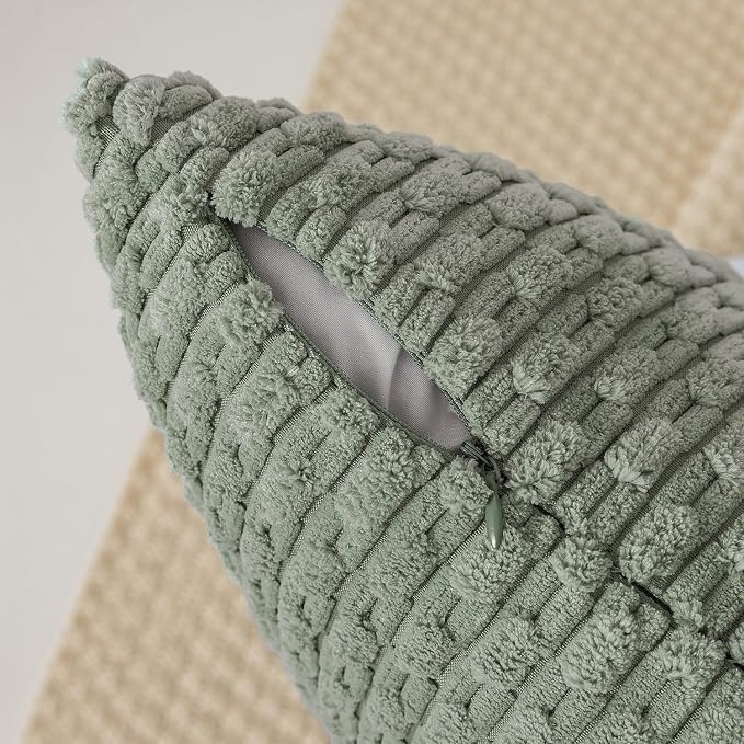 Kevin Textile Soft Corduroy 14"x20" Lumbar Pillow Cover 1 Pack, Grey Green | Boho Stripe Plush Corduroy Decorative Oblong Cushion Cover Modern Farmhouse Home Decor for Sofa Couch Bed Chair