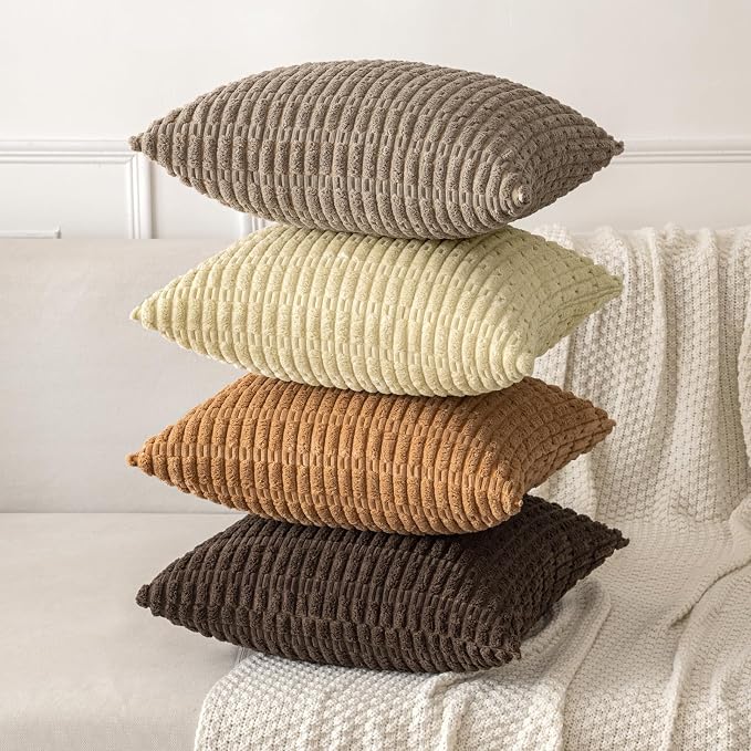MIULEE Pack of 2 Corduroy Decorative Throw Pillow Covers 18x18 Inch Soft Boho Striped Pillow Covers Modern Farmhouse Home Decor for Sofa Living Room Couch Bed Brown