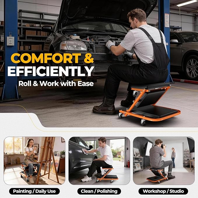 Auto Dynasty 40" Z-Creeper Seat, 2-in-1 Foldable Garage Creeper Shop Seat, 330 LBS Capacity Automotive Mechanic Repair Under Car Rolling Creeper Seat, Orange