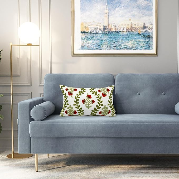 Alysheer Floral Embroidered Summer Lumbar Decorative Throw Pillow Cover 12"x 20", Farmhouse Cottage Red Flowers Green Leaves Patterned Cotton Canvas Cushion Case for Sofa Couch Bed Living Room Decor