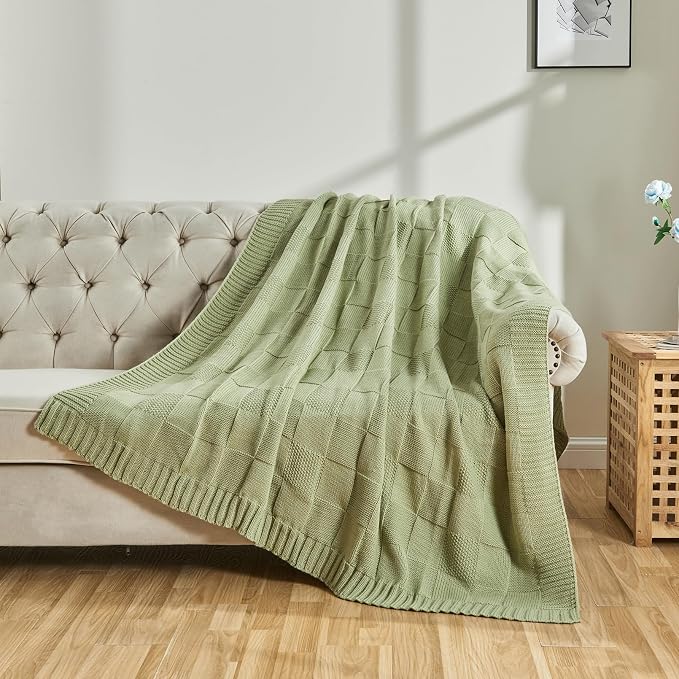 CozeCube Sage Green Knitted Checkered Throw Blanket 60"X80" | Check Knit Throw for Couch, Decorative Christmas Soft Cozy Warm Blanket for Bed Sofa Living Room