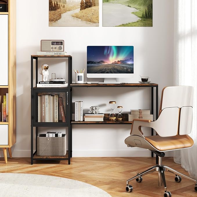 Giantex Computer Desk with Bookshelf, Modern Computer Workstation Home Office Desk with Storage Cabinet & Shelves, Metal Frame, Study Writing Desk for Small Space, Bedroom, Rustic Brown