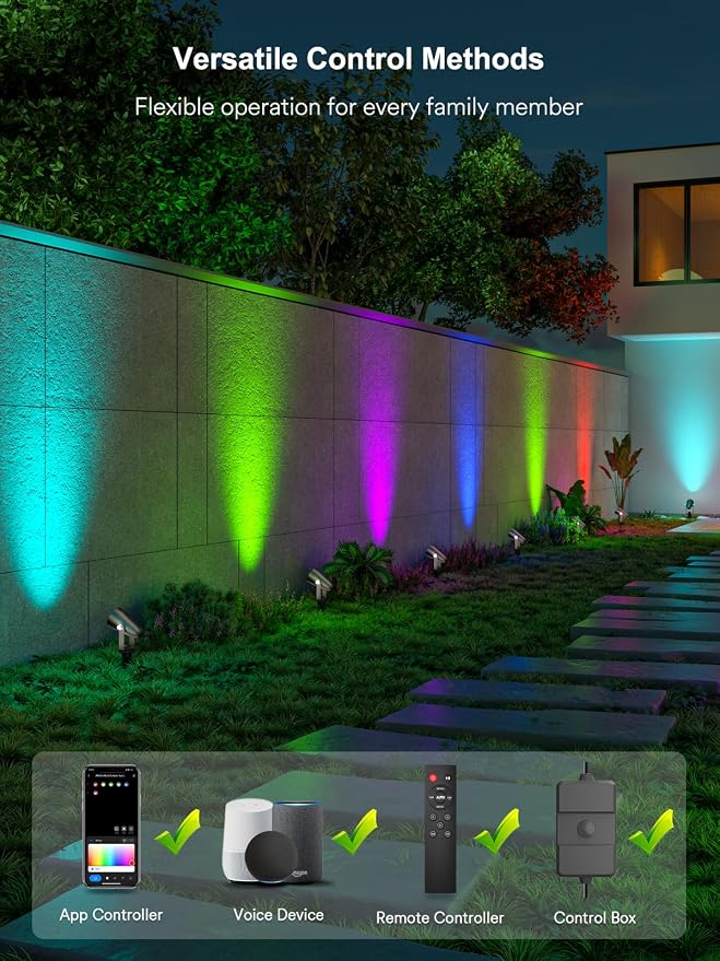 Smart Landscape Spotlights, Outdoor RGB Lights Works with APP/Voice Control | IP65 Waterproof, Low Voltage Color Changing Lighting for Yard Garden Pathway Lawn, 6 Pack