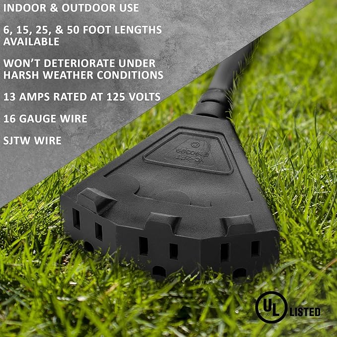 Holiday Lighting Outlet 50-Foot Black Extension Cord, 3-Prong Indoor & Outdoor Splitter, Perfect for Landscape Lighting
