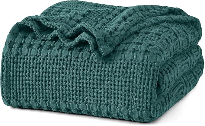 PHF 100% Cotton Waffle Weave Blanket King Size, Lightweight Breathable Summer Blanket for Hot Sleepers, Pre-Washed Soft Layer for Bed, Couch, Home Decor Gift, 108"x90", Teal