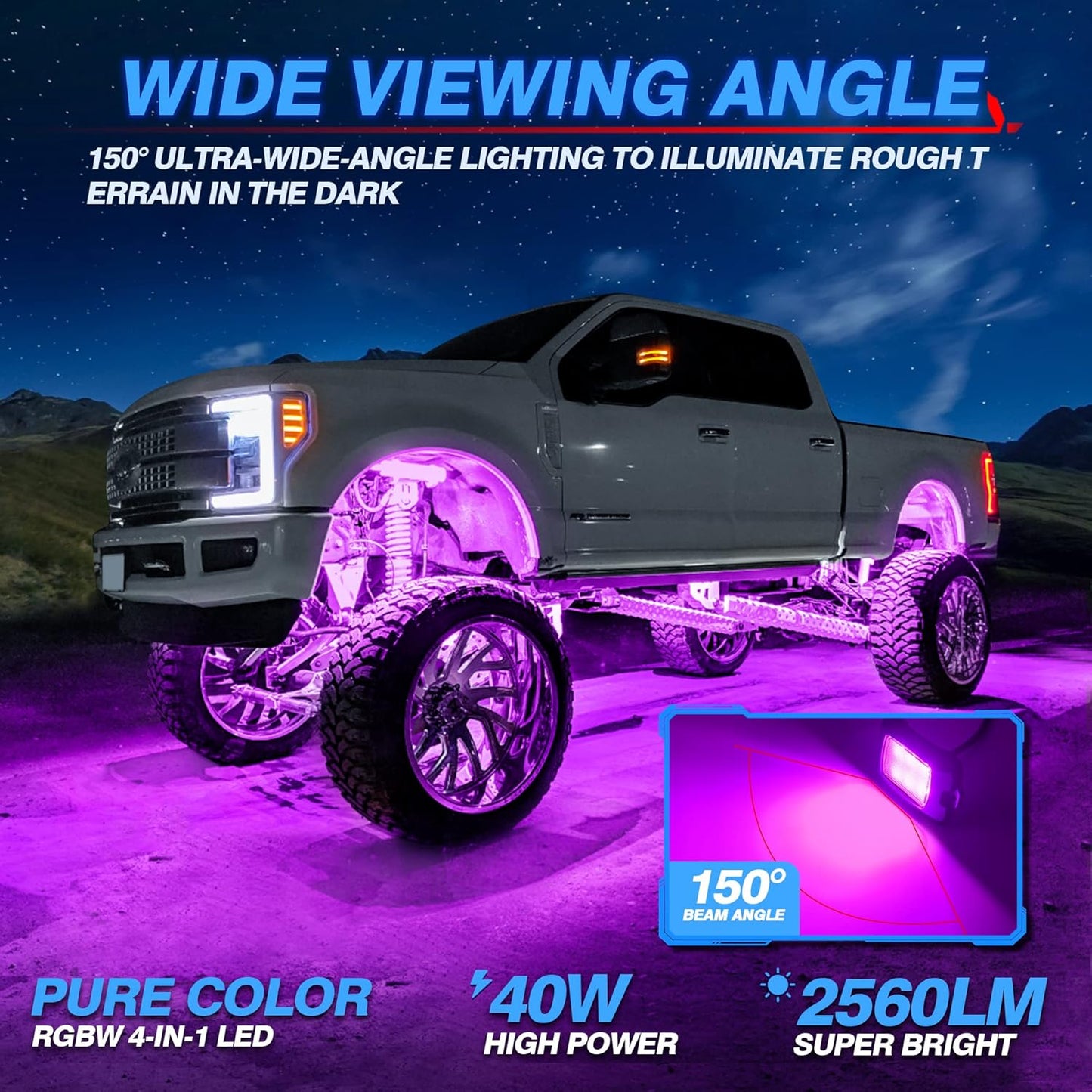 MICTUNING Q1 RGBW Rock Lights, 8 Pods Pure Color Underglow Neon Multicolor Lighting with Wiring Switch Kit, Bluetooth Controller, Remote Control, Music Mode for Trucks Car ATV UTV Golf Cart