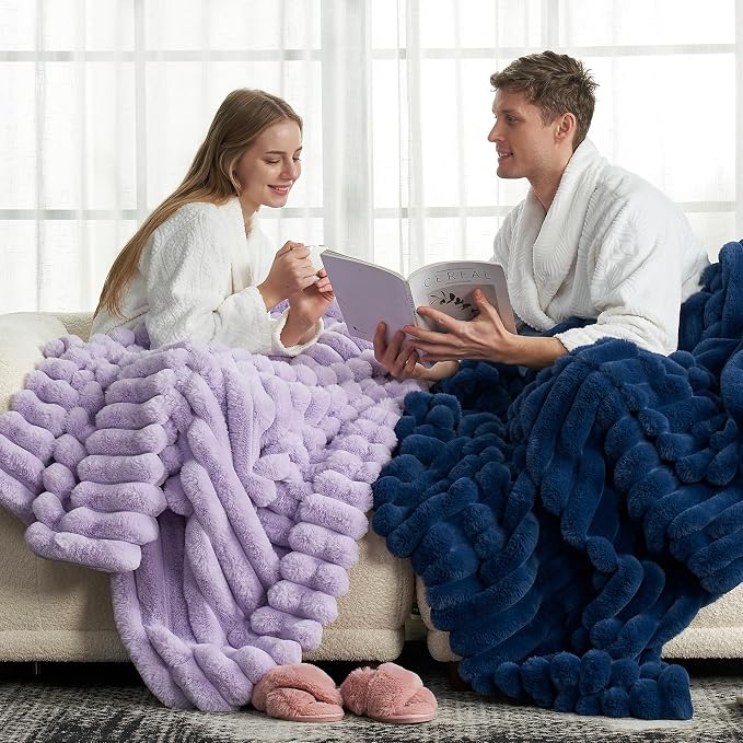 Cozy Bliss Faux Fur Throw Blanket for Couch, Cozy Warm Plush Striped Blanket for Sofa Bedroom Living Room, 60 * 80 Inches Lavender