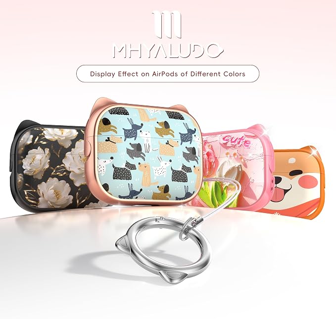 for AirPods Pro 2 Case with Cleaning Kit, Cute Cat Ear Print Design & Cute Buckle for Girls, Phone Holder & Top Safe Lock Buckle Design for AirPods Pro 2nd/1st Gen case, Rose Gold Animal