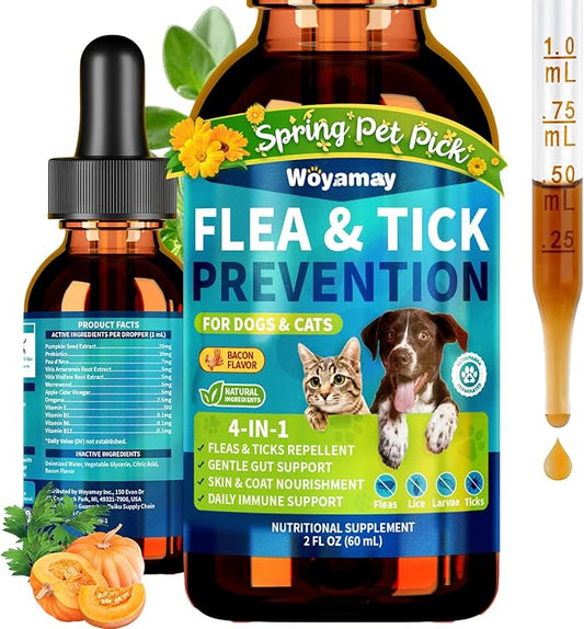 4-IN-1 Flea and Tick Prevention Drops for Dogs and Cats, Natural Cat & Dog Flea and Tick Treatment, Supports Flea Defense, Gut Health, Skin & Coat Nourishment, and Immune Support, Bacon Flavor