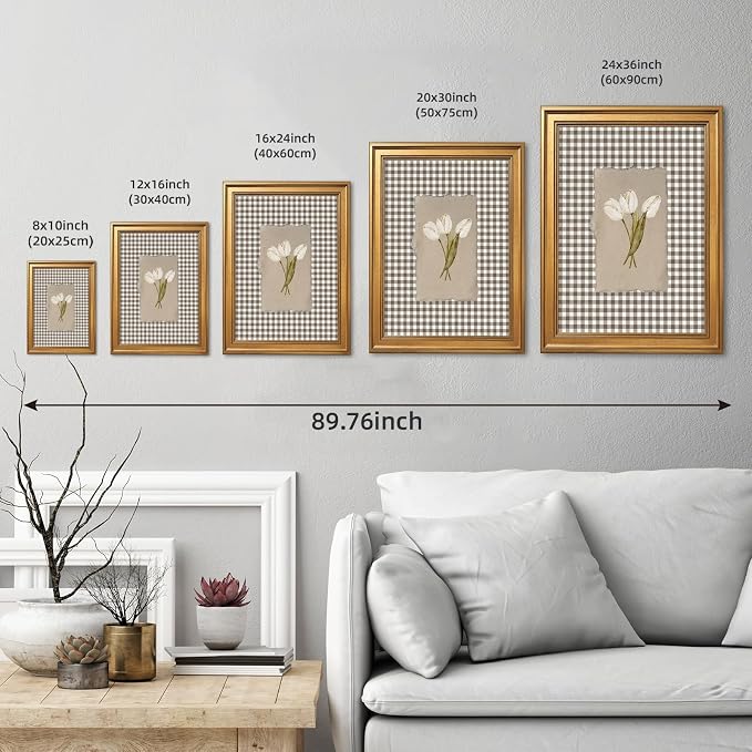 Gold Framed White Tulips Vintage Floral Wall Art Painting Brown Gingham Botanical Print Rustic Farmhouse Flower Picture Poster Neutral Cottagecore Canvas Artwork Aesthetic Country Home Decor 16x24inch