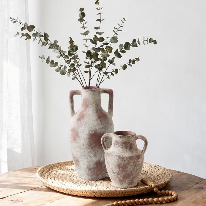 Ceramic Flower Vase with Handles, 8.66 inch Tall Clay Decorative Vases Farmhouse Rustic Vases Pottery Vases for Home Decor Living Room Table Centerpiece Bookshelf Coffee Desk Fireplace, Terracotta