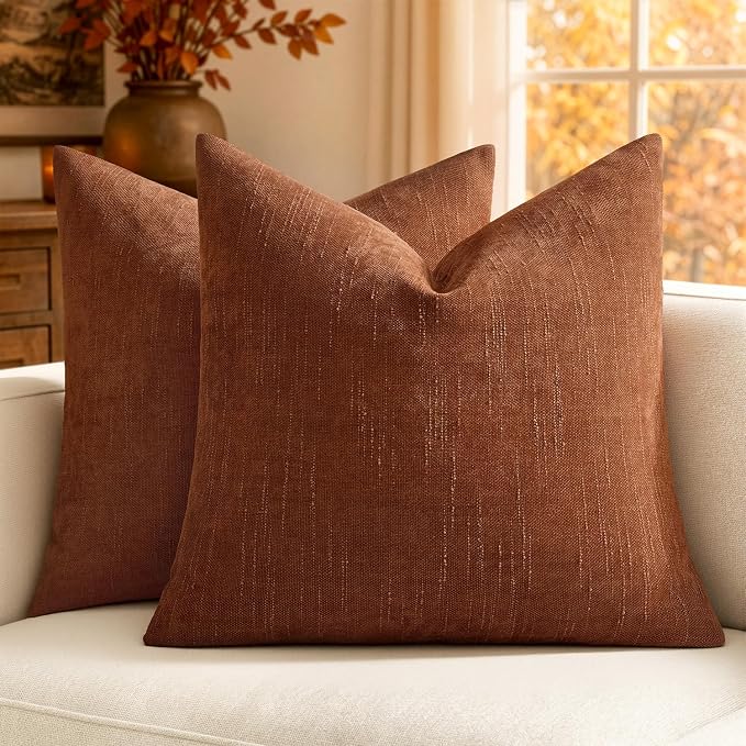 MIULEE Textured Chenille Fall Throw Pillow Covers 22x22 Inch Dark Rust | Pack of 2 Decorative Soft Throw Pillows, Solid Textured Cushion Covers, Modern Home Decor for Couch Sofa Bedroom Living Room