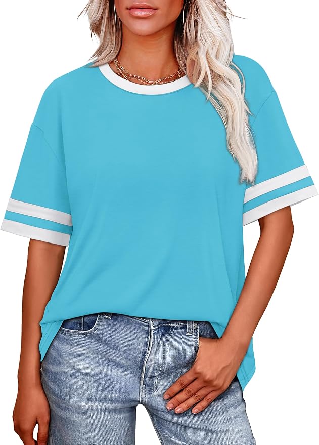 WIHOLL Womens T Shirts Loose Fit Short Sleeve Tees Crew Neck Color Block Summer Tops 2026 Fashion