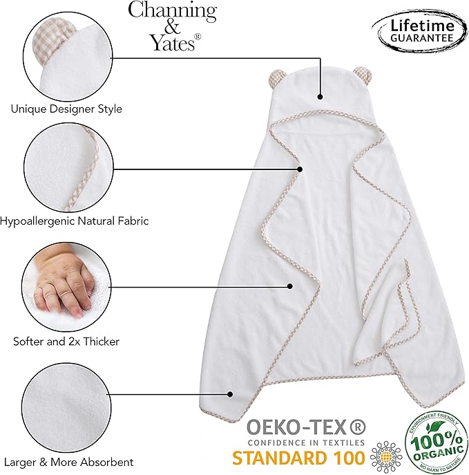 Channing & Yates Premium Organic Baby Towel Set - Soft Viscose Bamboo Hooded Towel & Washcloth - Girl & Boy Bath Essentials (Beige/White)